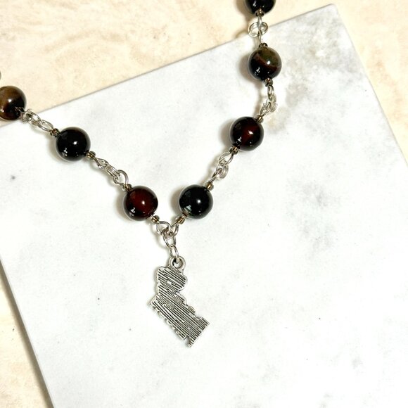 Genuine Dark Brown Agate Necklace, Natural Gemstone & Dog Person Paw Print Charm - Picture 6 of 15
